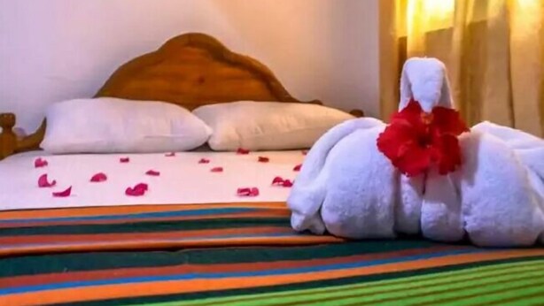 A bed with white pillows, a striped bedspread, and a towel with a red flower. - Wildshade safari Lodge Udawalawa (Udawalawa)