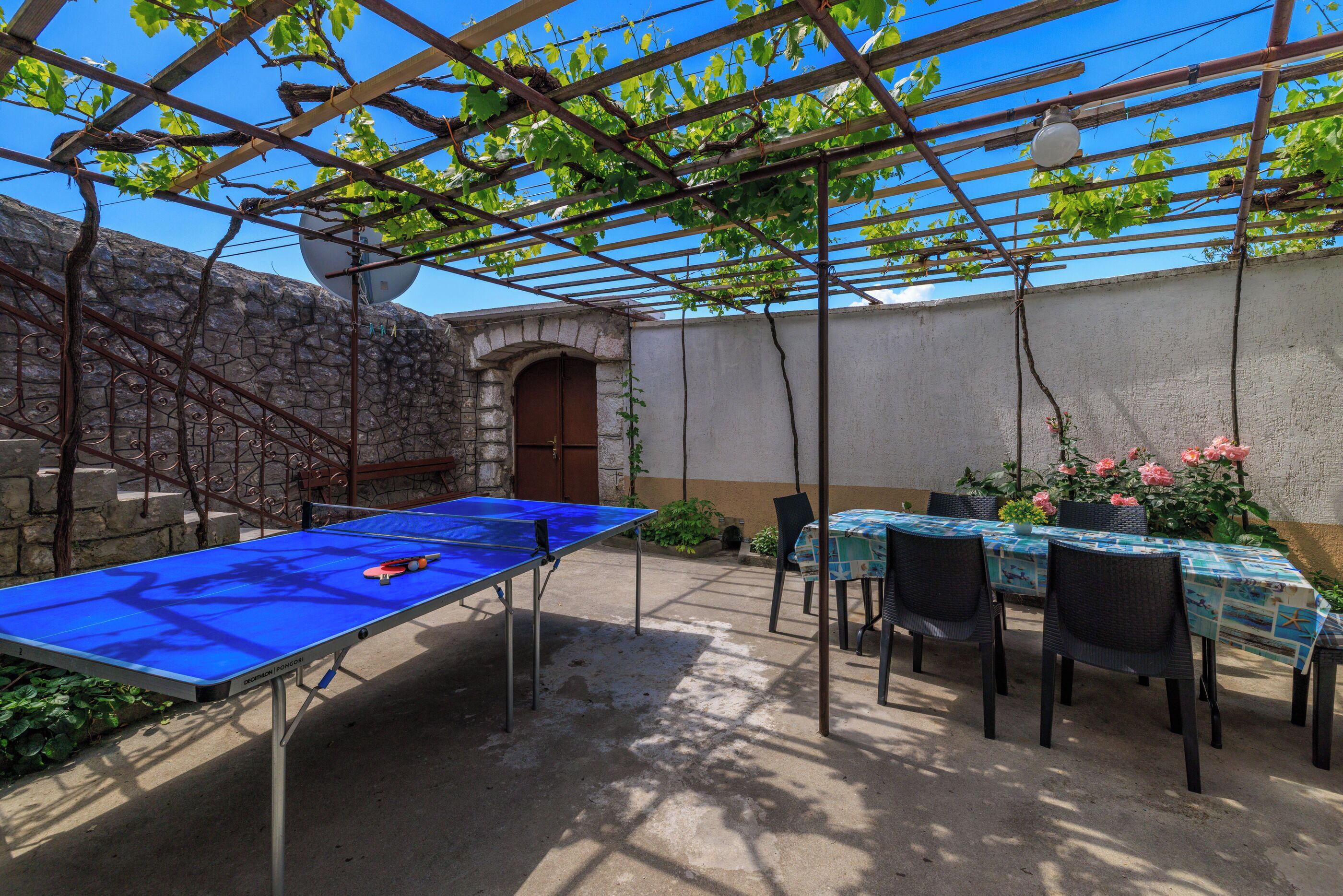 Une table de ping-pong, des chaises et une pergola couverte de plantes grimpantes.