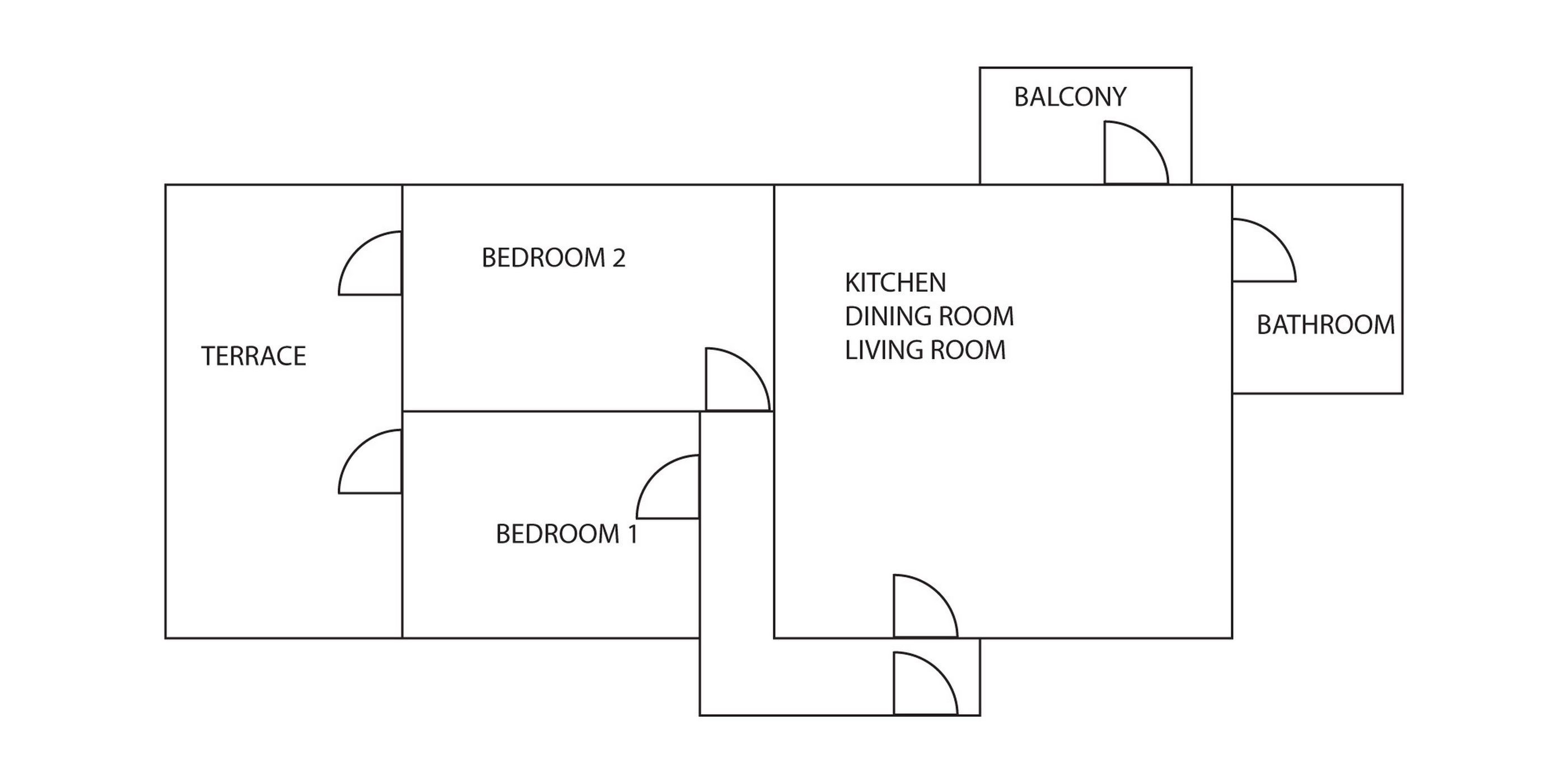 Een plattegrond met twee slaapkamers, een terras, een balkon, een keuken, een eetkamer, een woonkamer en een badkamer.