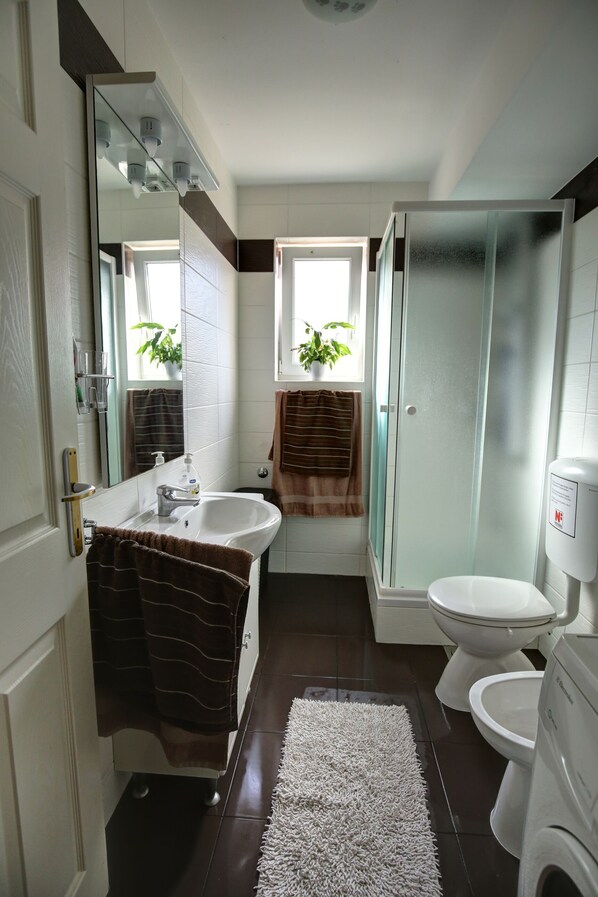 Une petite salle de bain comprenant un lavabo, des toilettes et une douche fermée par une paroi de verre.
