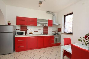 Apartment (A1) | Private kitchen | Fridge, microwave, oven, stovetop