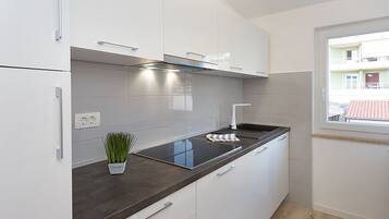 Apartment (A2) | Eigene Küche | Kühlschrank, Herdplatte, Wasserkocher mit Kaffee-/Teezubehör