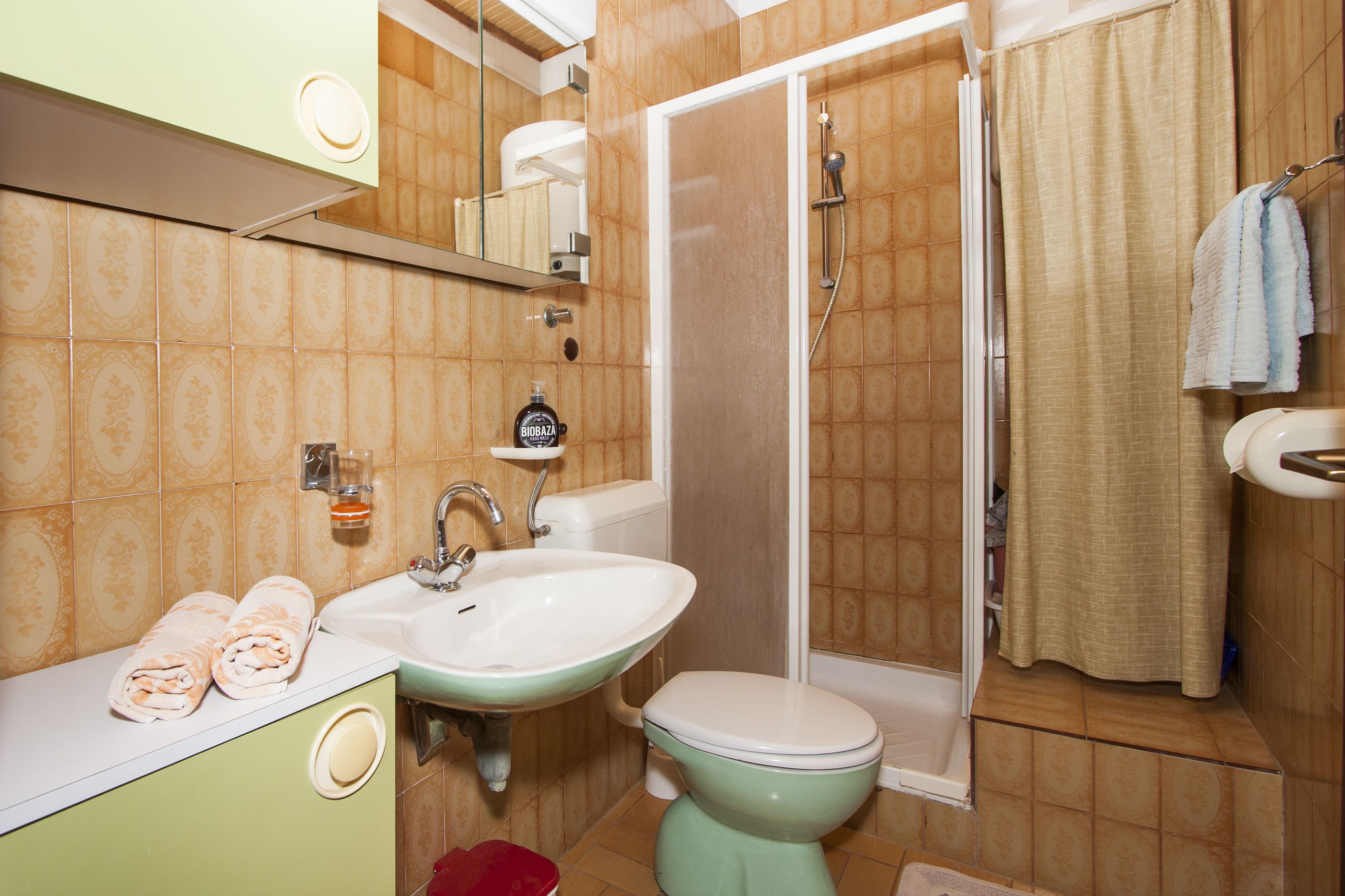 Une salle de bain avec un lavabo, des toilettes et une douche.