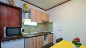 A compact kitchen with a microwave, sink, and wooden cabinets. There's a small refrigerator and a yellow table with a vase. - Apartments Davorka (Banjole)