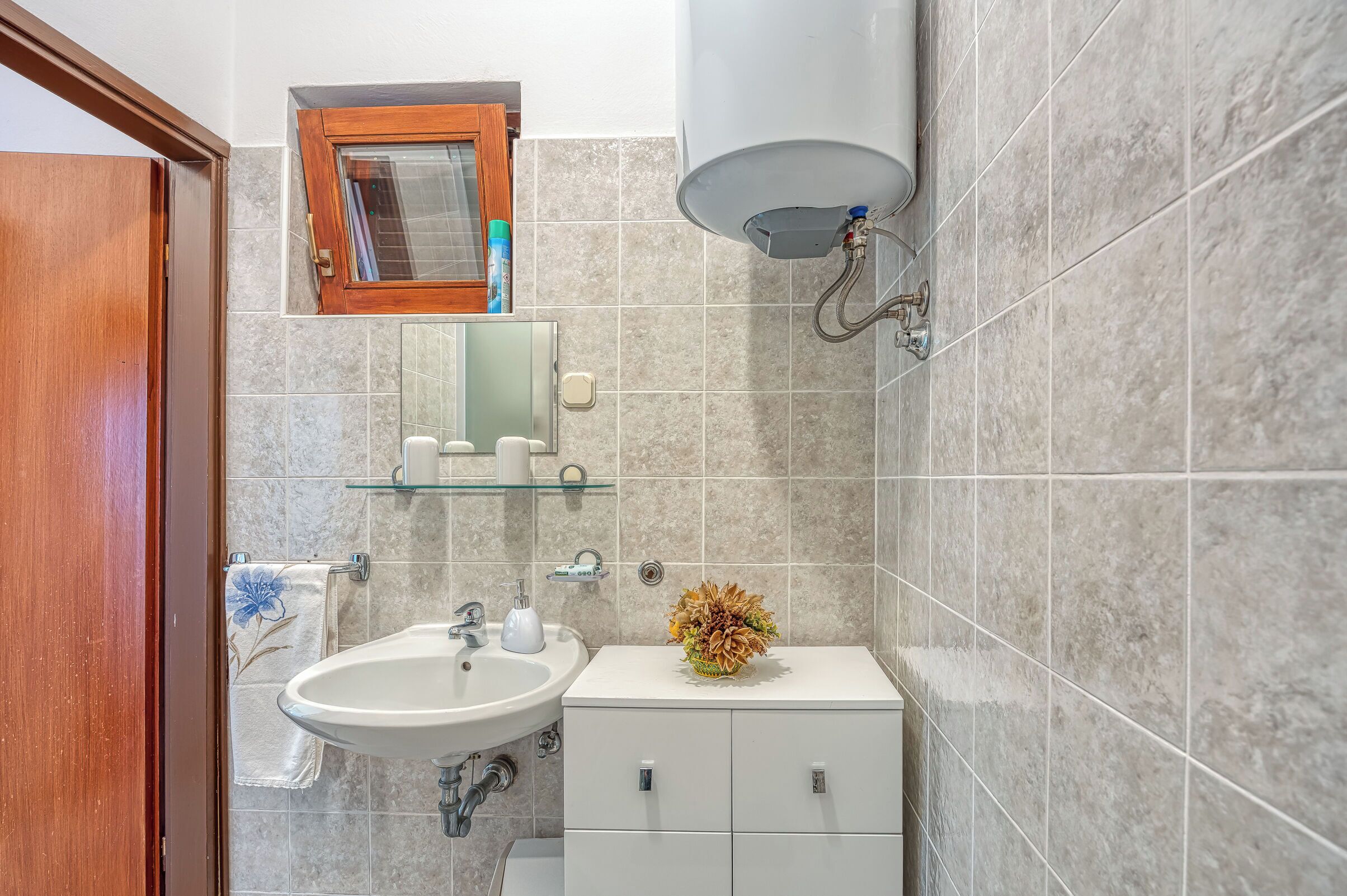 A bathroom with a sink, mirror, and a shower head.