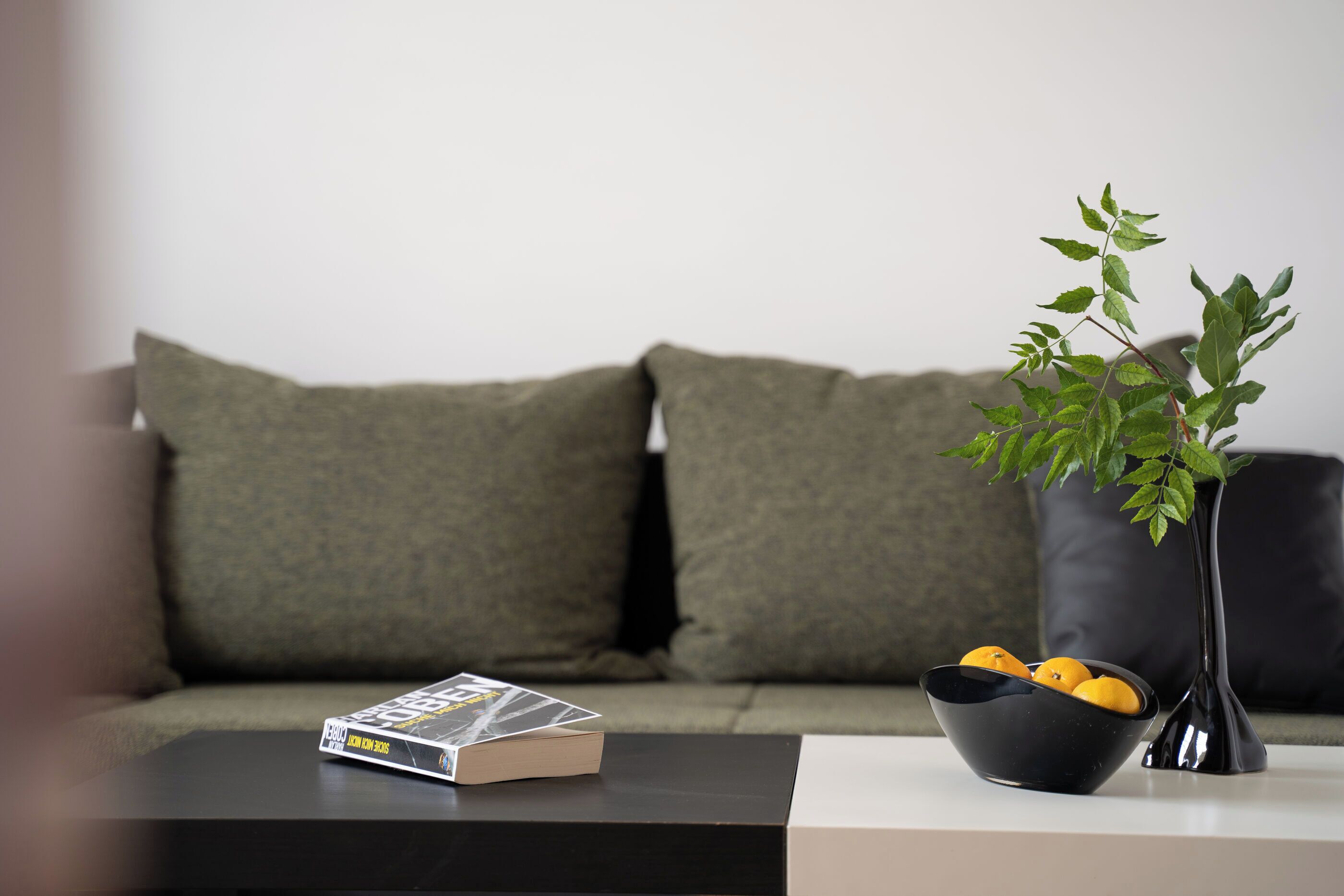 A modern living room with a black coffee table, a bowl of oranges, a book, and a potted plant.