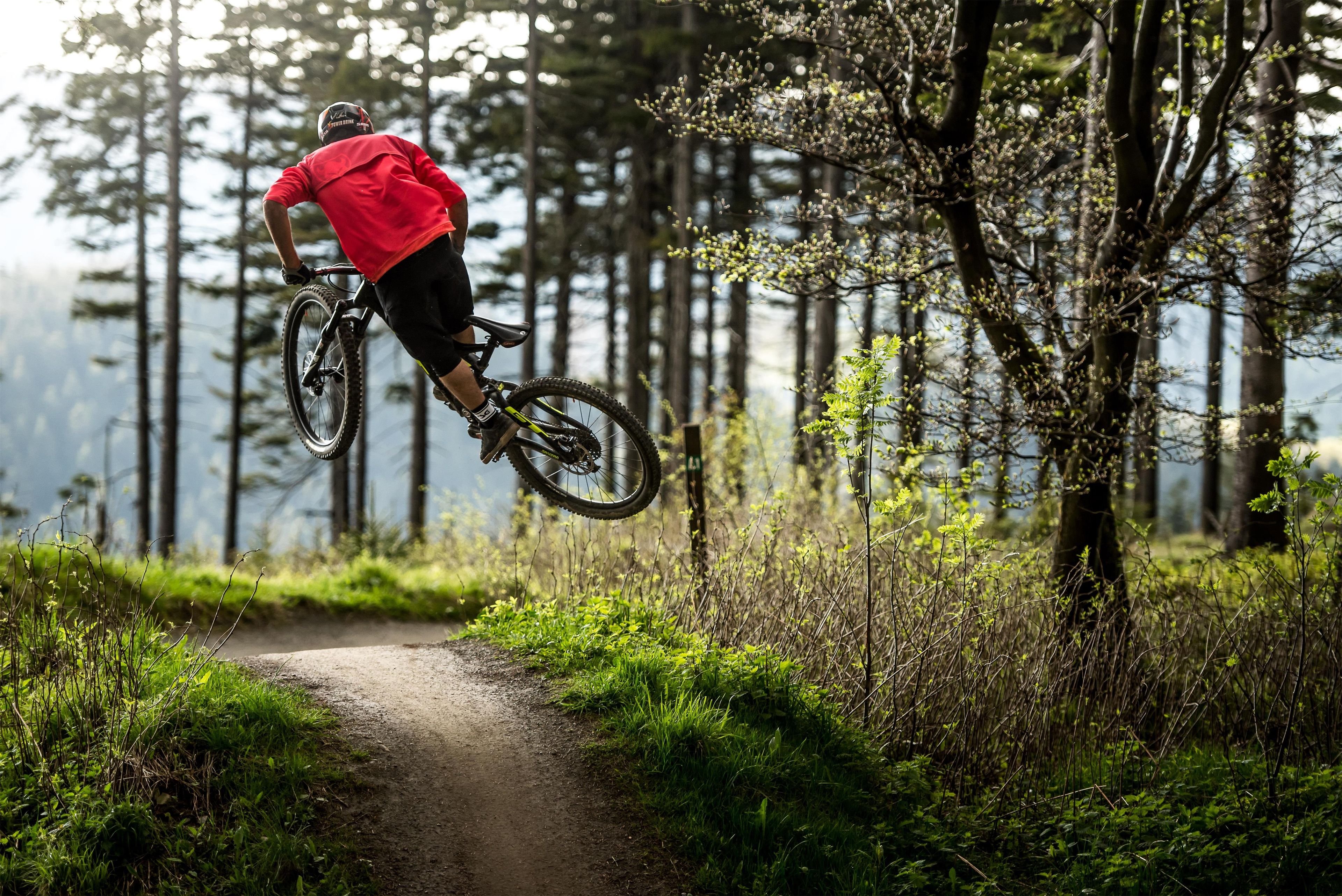 Un vététiste effectuant un saut sur un sentier de terre, entouré d’arbres.