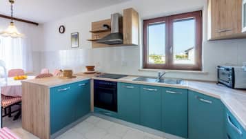 Apartment (A1) | Private kitchen | Fridge, microwave, oven, stovetop