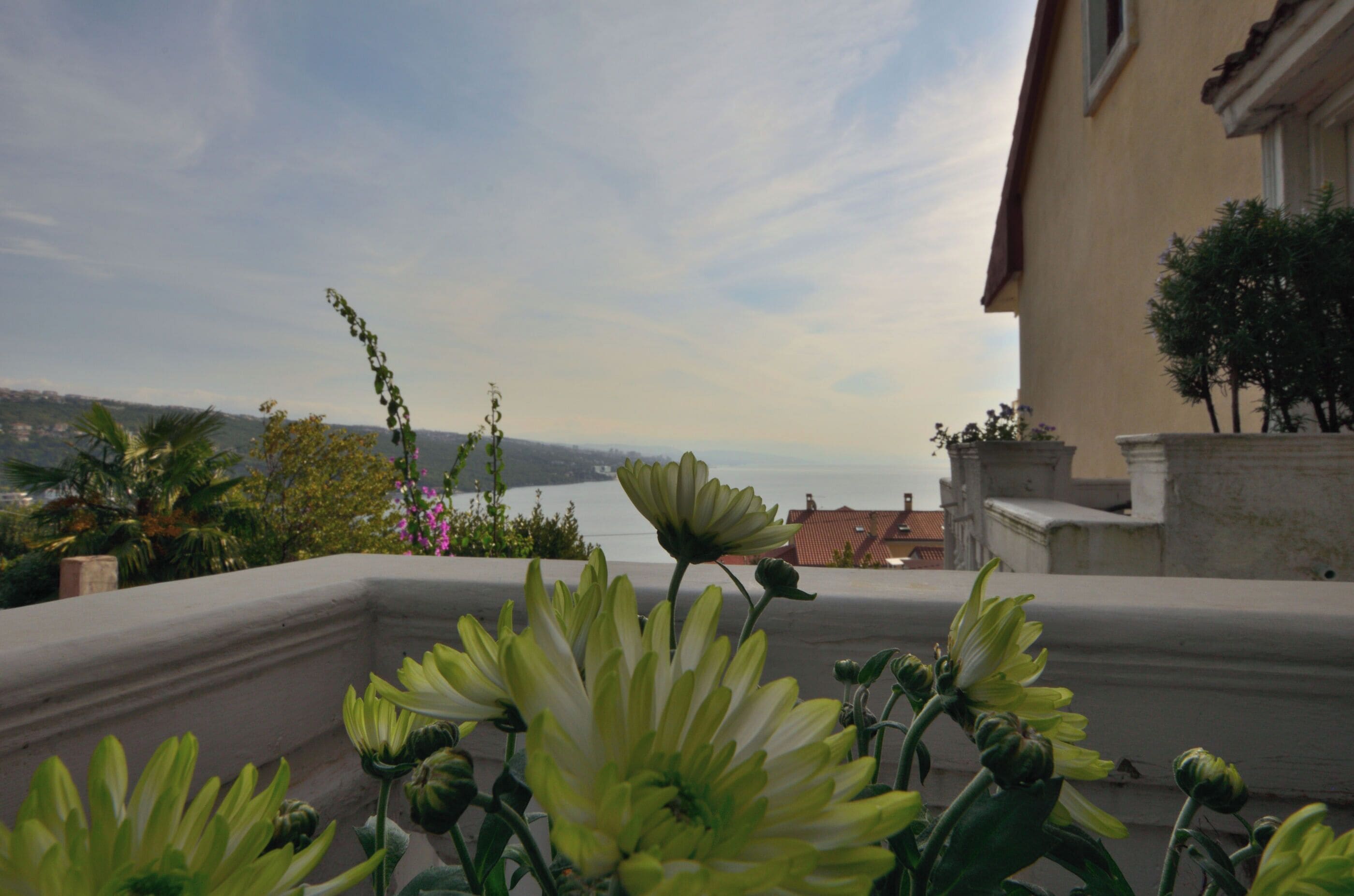 A balcony with a view of the sea and distant hills.