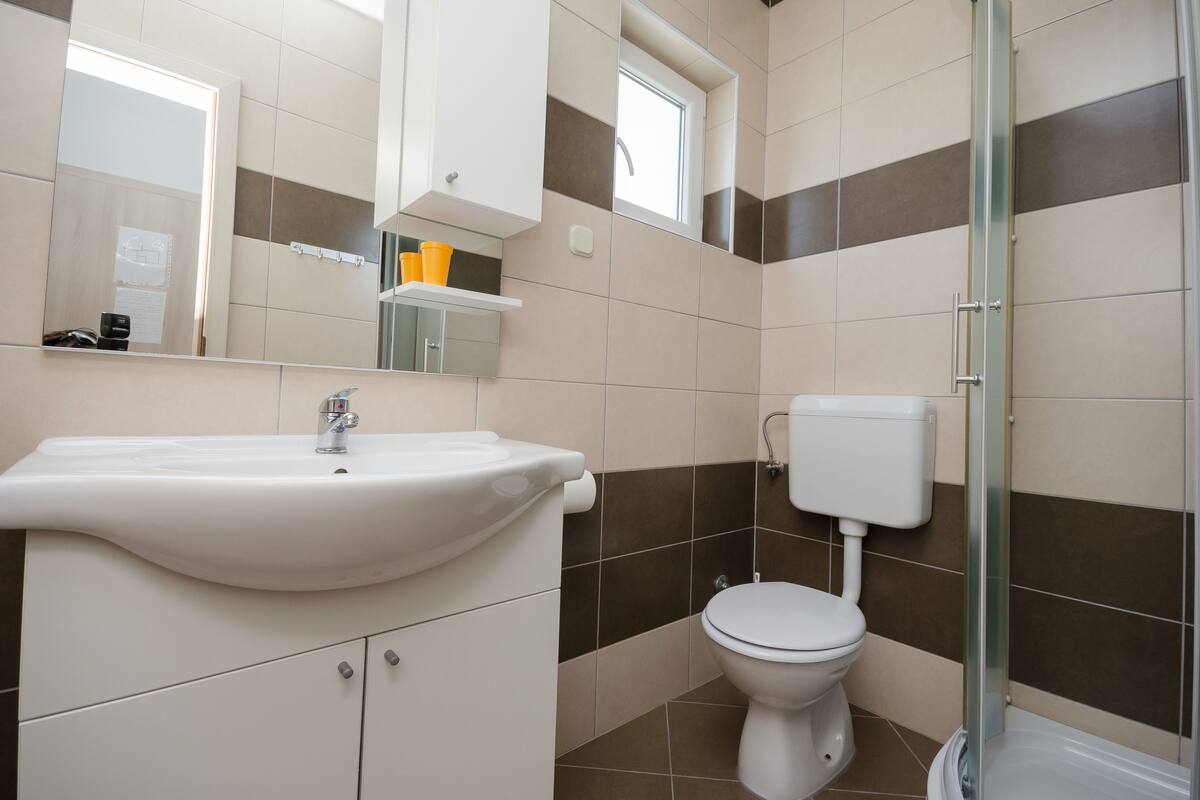 Une salle de bain avec un lavabo, des toilettes et une douche.