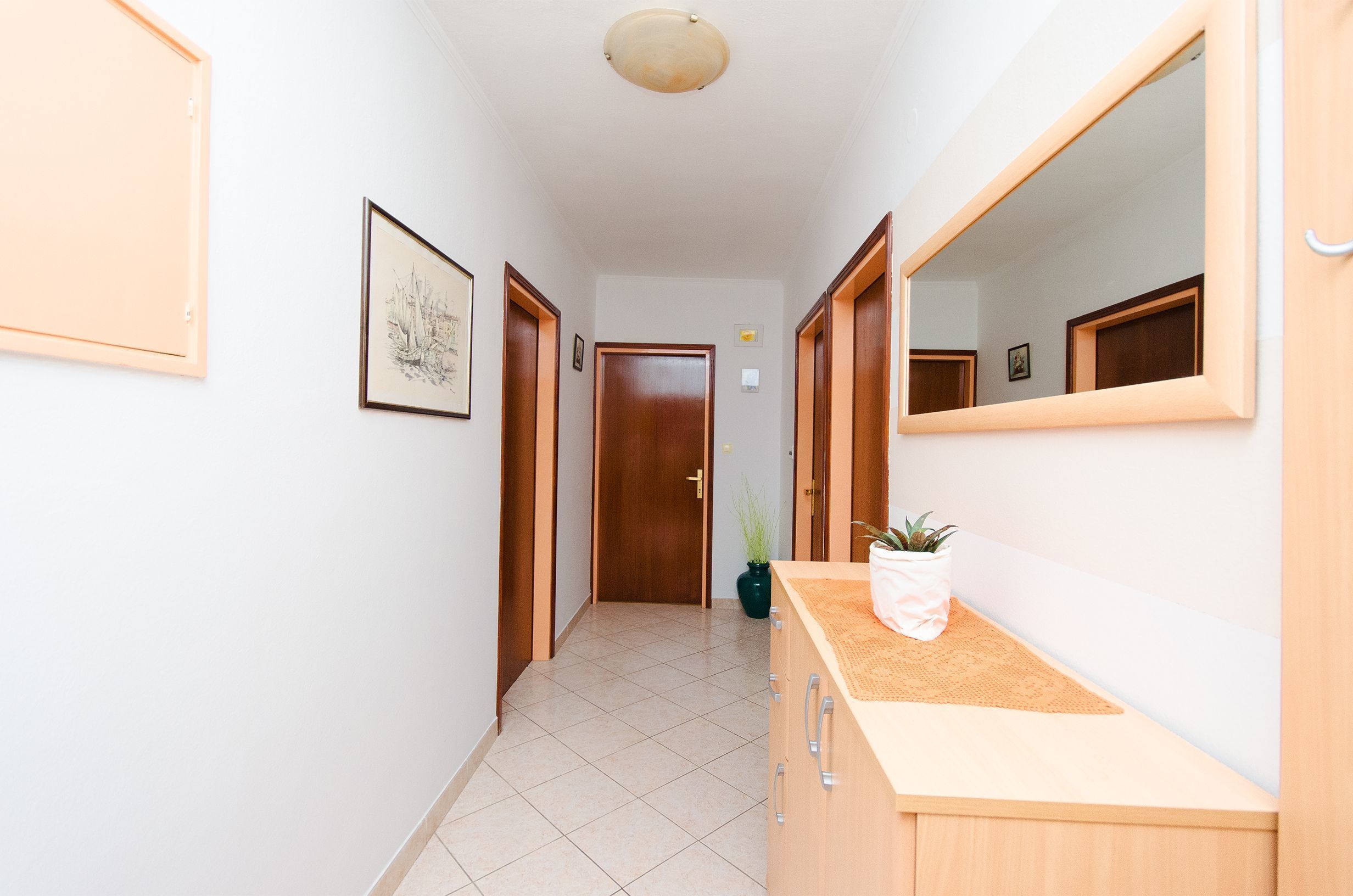 A hallway with wooden doors, a mirror, a framed picture, and a potted plant.
