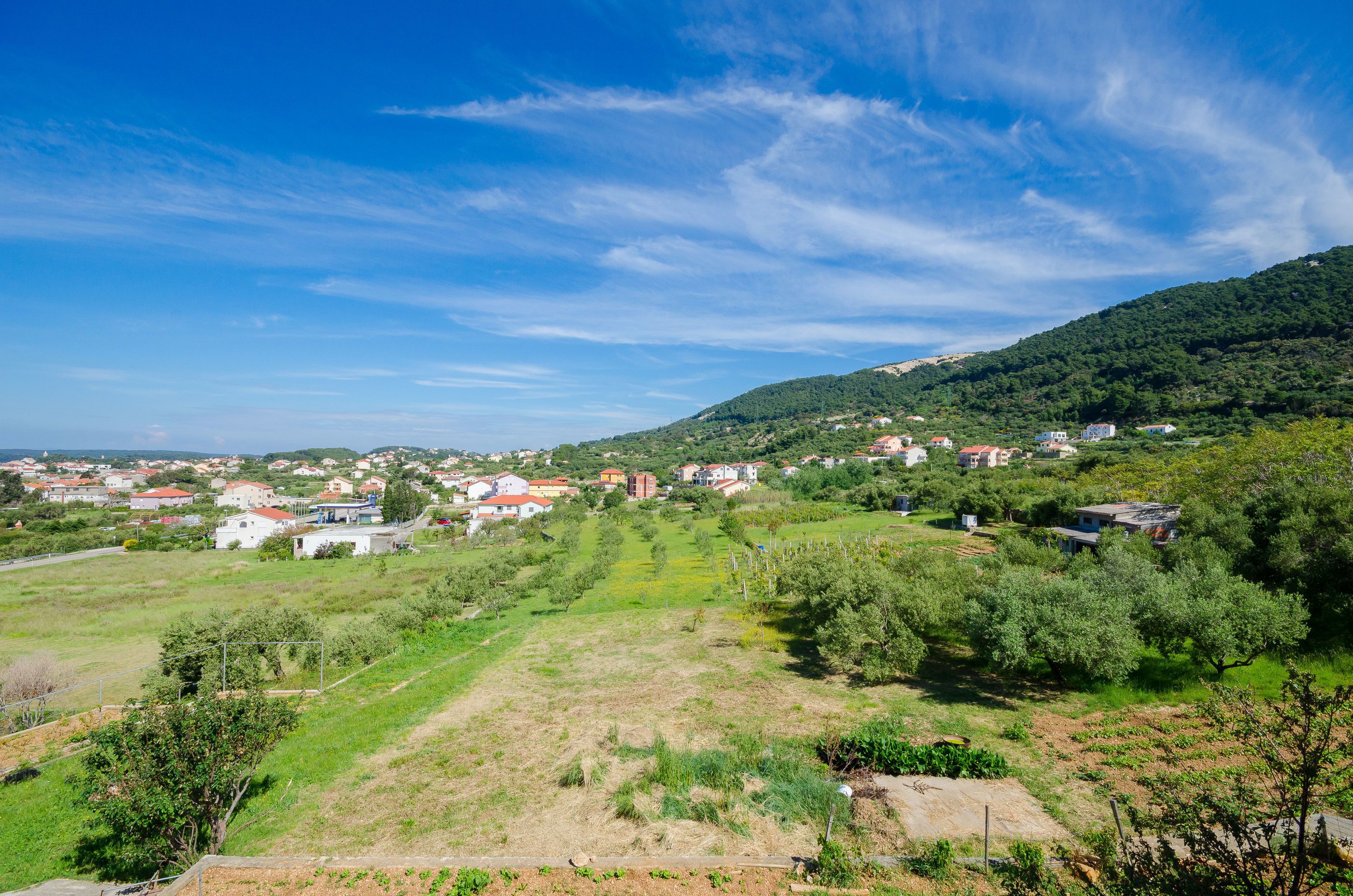 Landskab med huse på en skråning, grønne marker og en klar himmel.