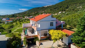 A two-story house with a red roof, a satellite dish, and a small garden with a yellow flowering tree. - Apartment Milja (Banjol)