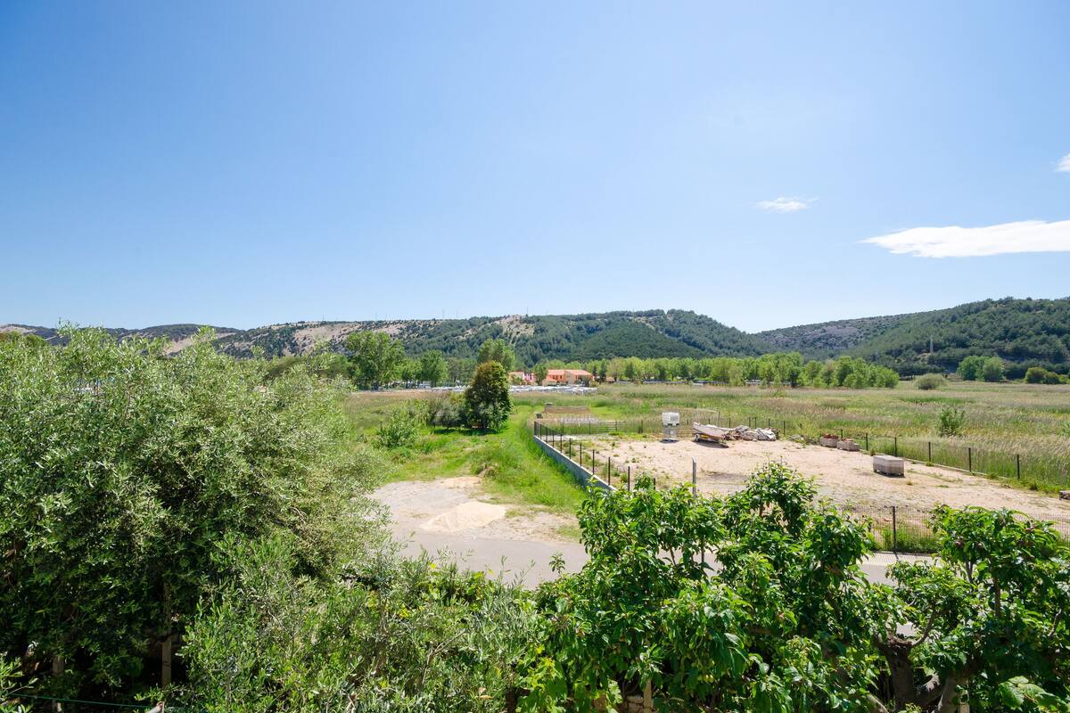 A rural landscape with a dirt path, green vegetation, and distant hills.