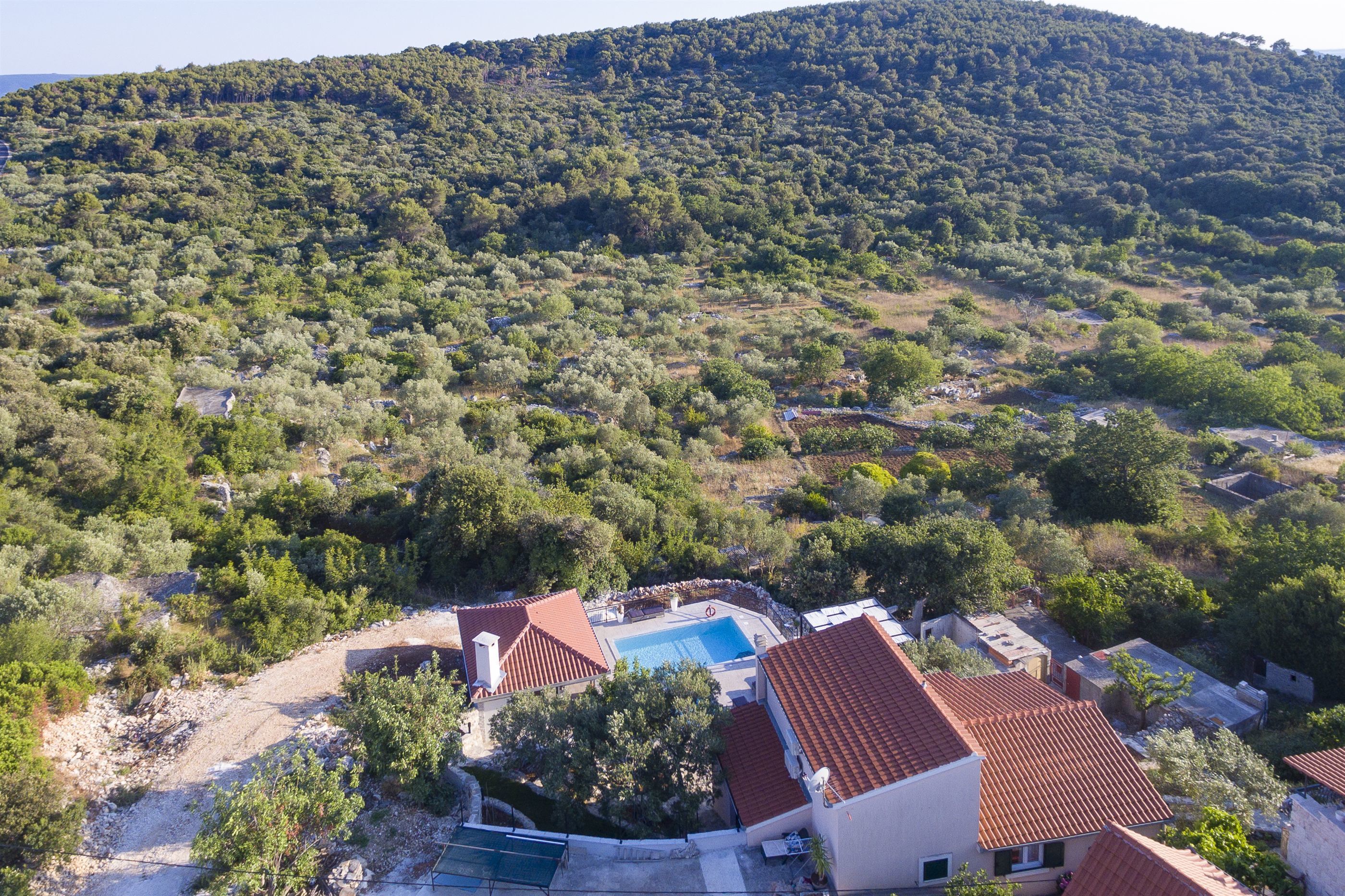 A residential area with a swimming pool, terraced houses, and a hillside with dense vegetation.