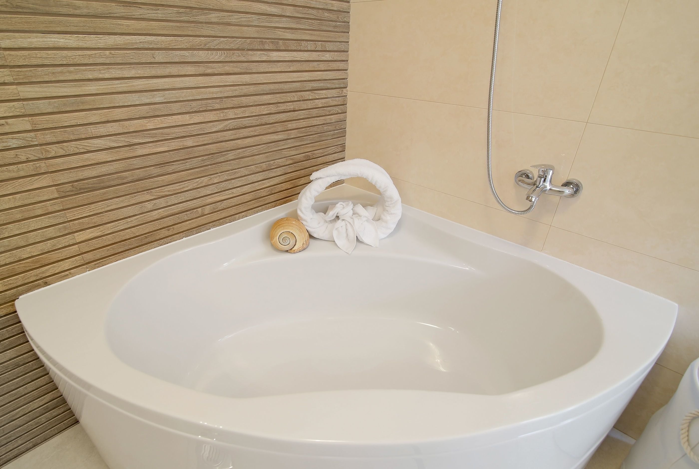 A bathroom with a large bathtub, a showerhead, and a towel ring.