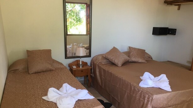 A hotel room with two beds, each with a brown patterned bedspread and matching pillows. There is a small wooden nightstand with a lamp between the beds. A mirror hangs on the wall above the left bed, and a flat-screen TV is mounted on the wall to the right. - Casa Boca 170 (Trinidad)
