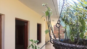 A corridor with a hanging planter, a door, and a window. - Casa Boca 170 (Trinidad)