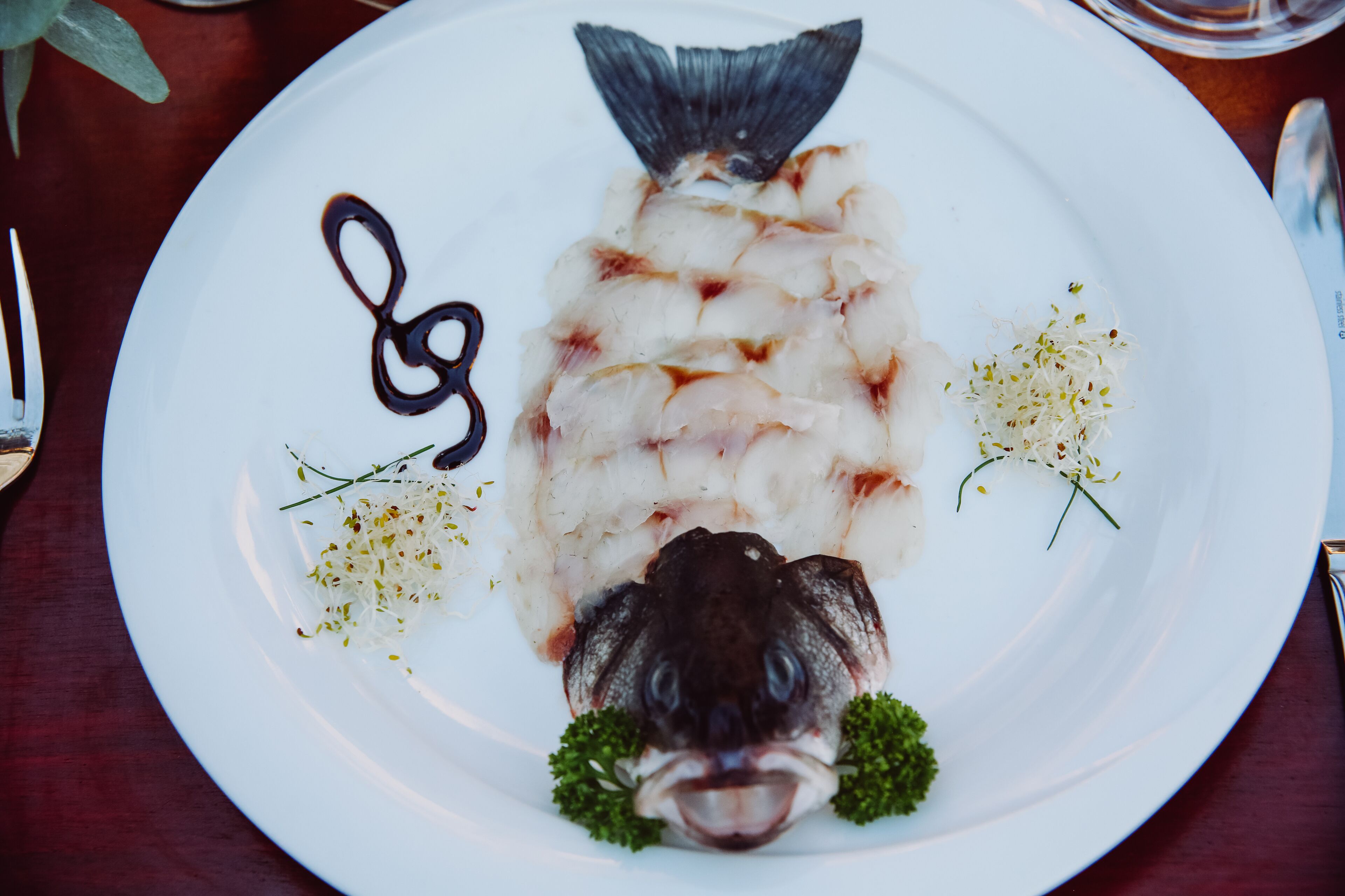 Une assiette blanche contenant un poisson coupé en morceaux, agrémenté d’herbes vertes et d’une sauce décorative.