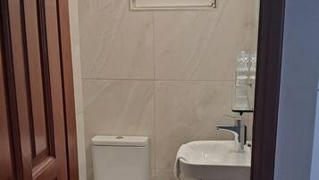 A bathroom with a toilet, sink, and a small window.