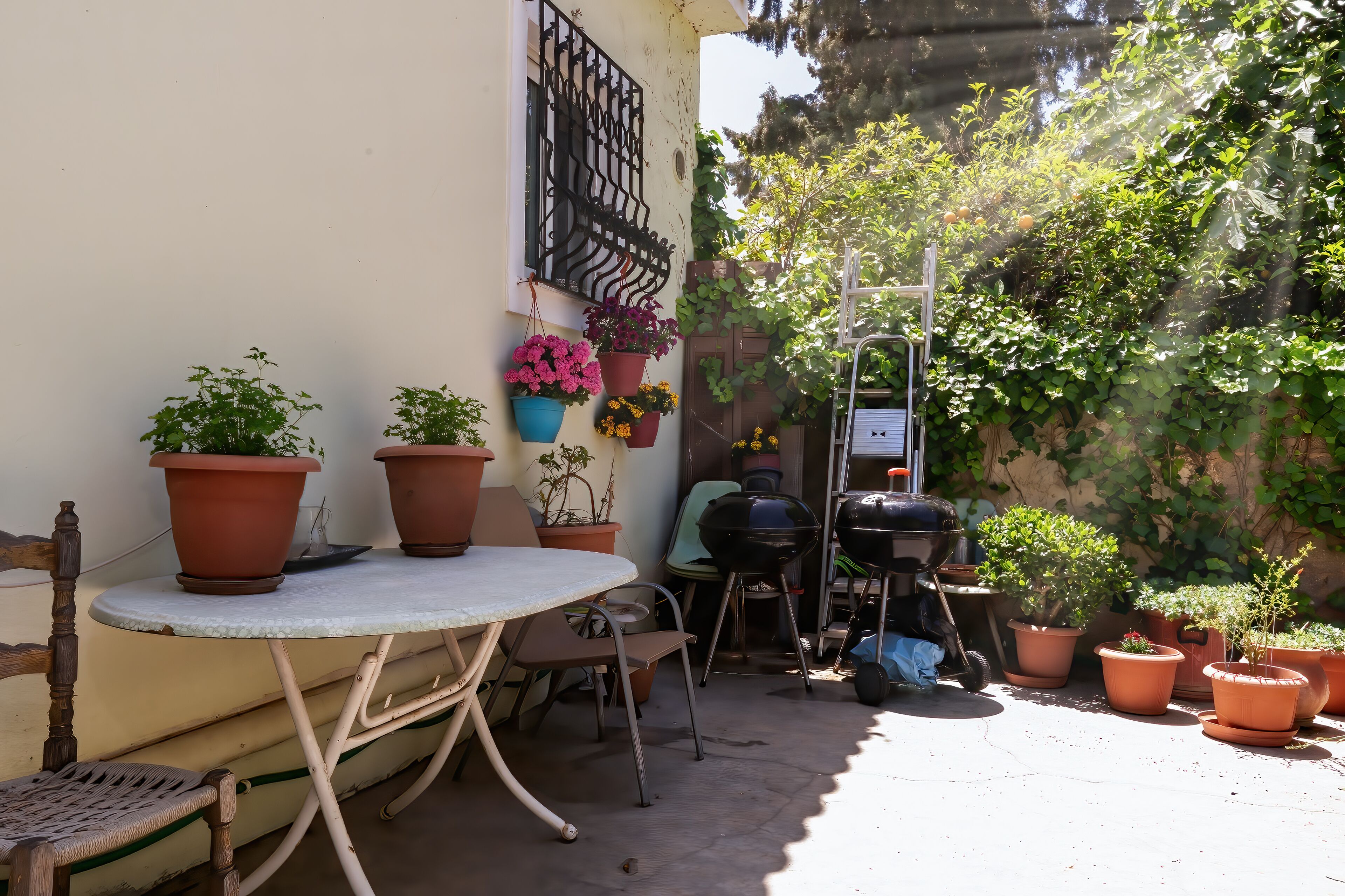 A patio with a table and chairs, surrounded by potted plants and a grill.