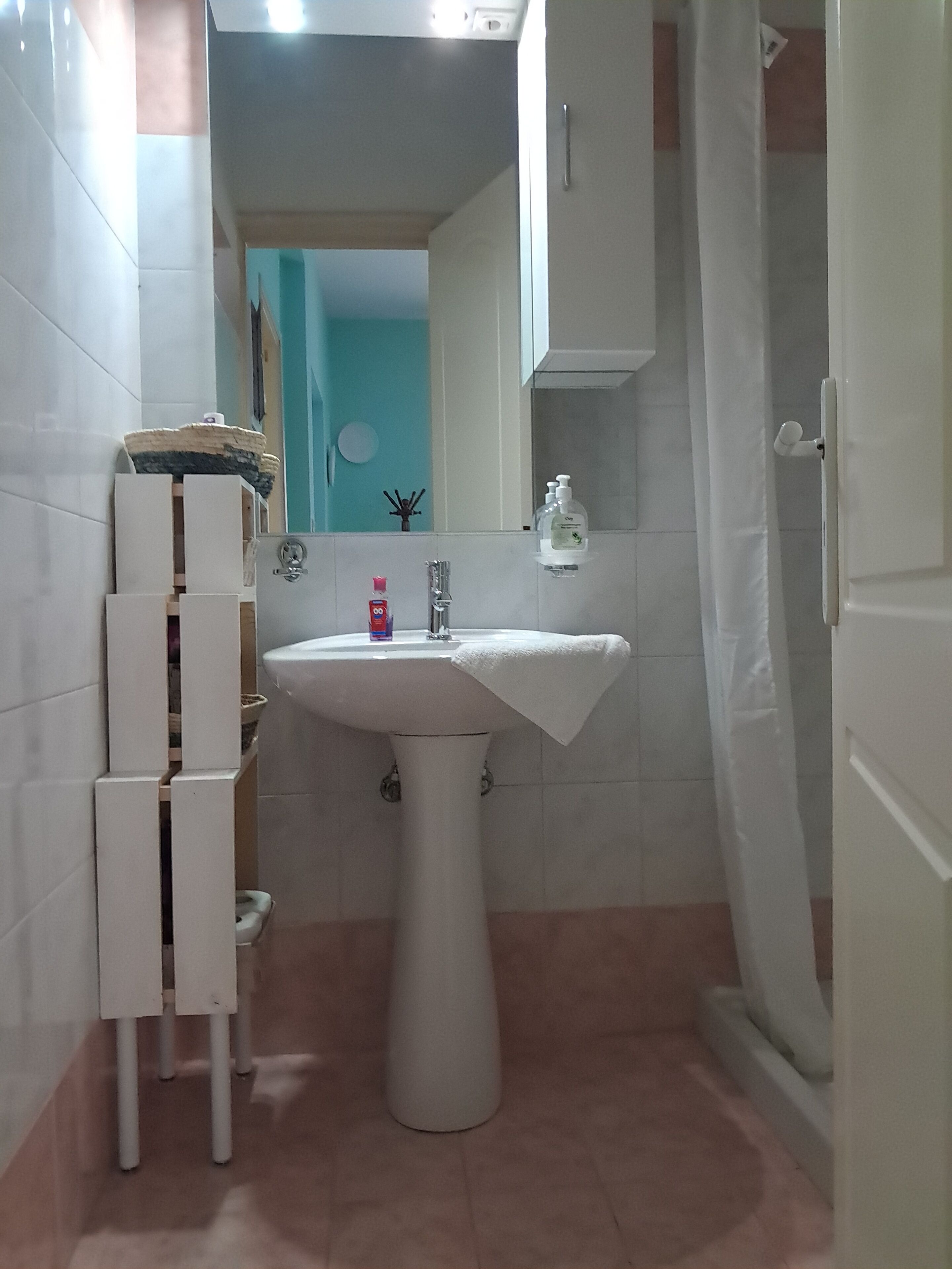 Un baño con un lavamanos pedestal, un espejo encima y una cortina de ducha.