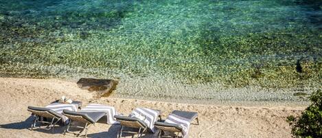 On the beach, sun-loungers, beach towels