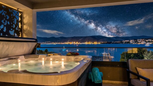 Un balcón con un jacuzzi, una silla y vistas a una ciudad y montañas de noche.