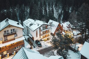 A residential area with multiple houses, some with sloped roofs and others with flat roofs, surrounded by a forested area. - Apartamenty Sun & Snow Bukowa Dolina (Krynica-Zdroj)