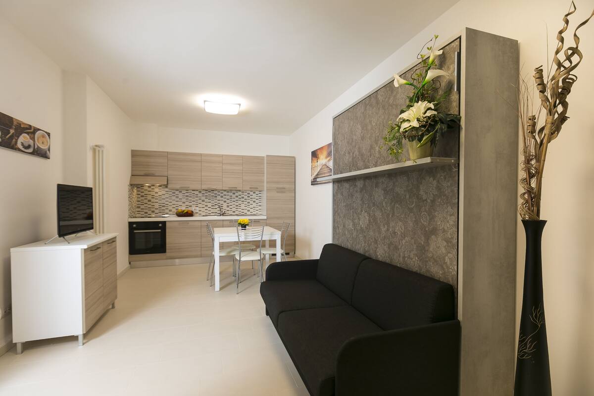 A modern living room with a black sofa, a dining table with chairs, a kitchen area with cabinets, and a TV on a white cabinet.