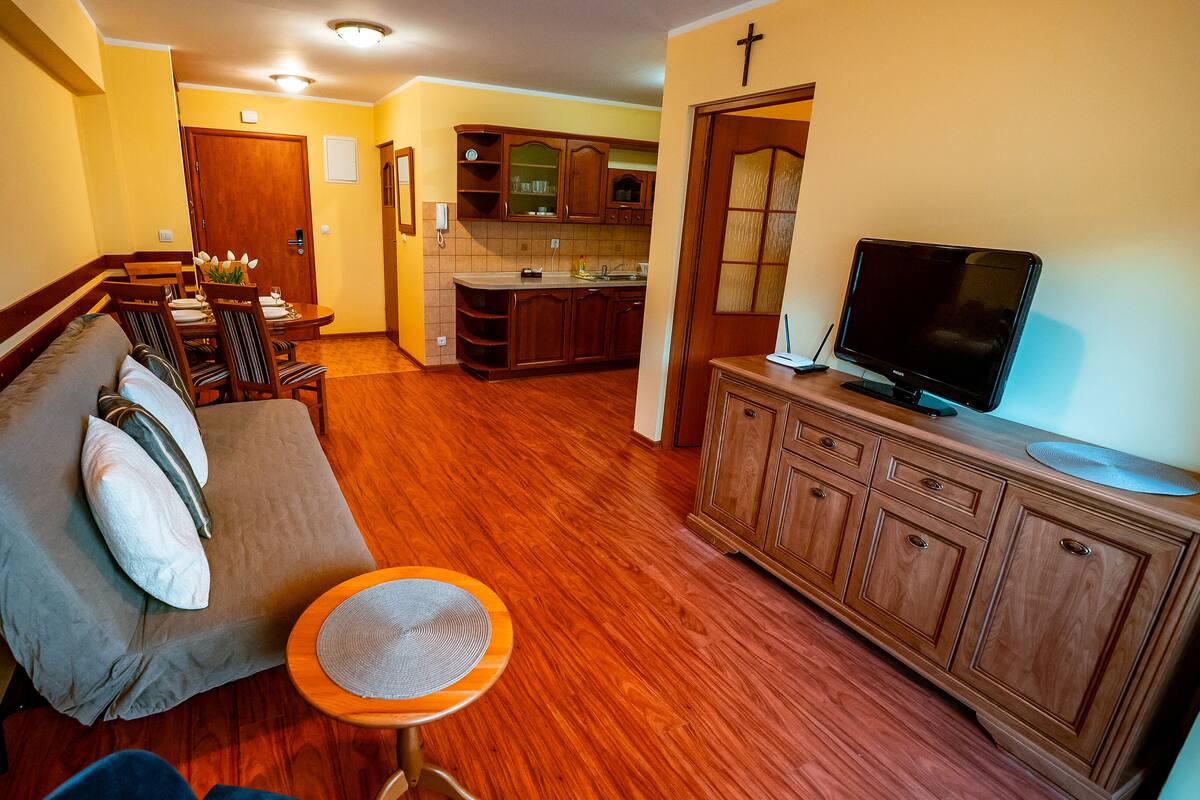 A living room with a sofa, a dining table with chairs, a kitchen area with cabinets, and a television on a cabinet.