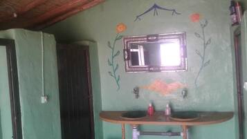 Shower, rainfall showerhead, towels, soap