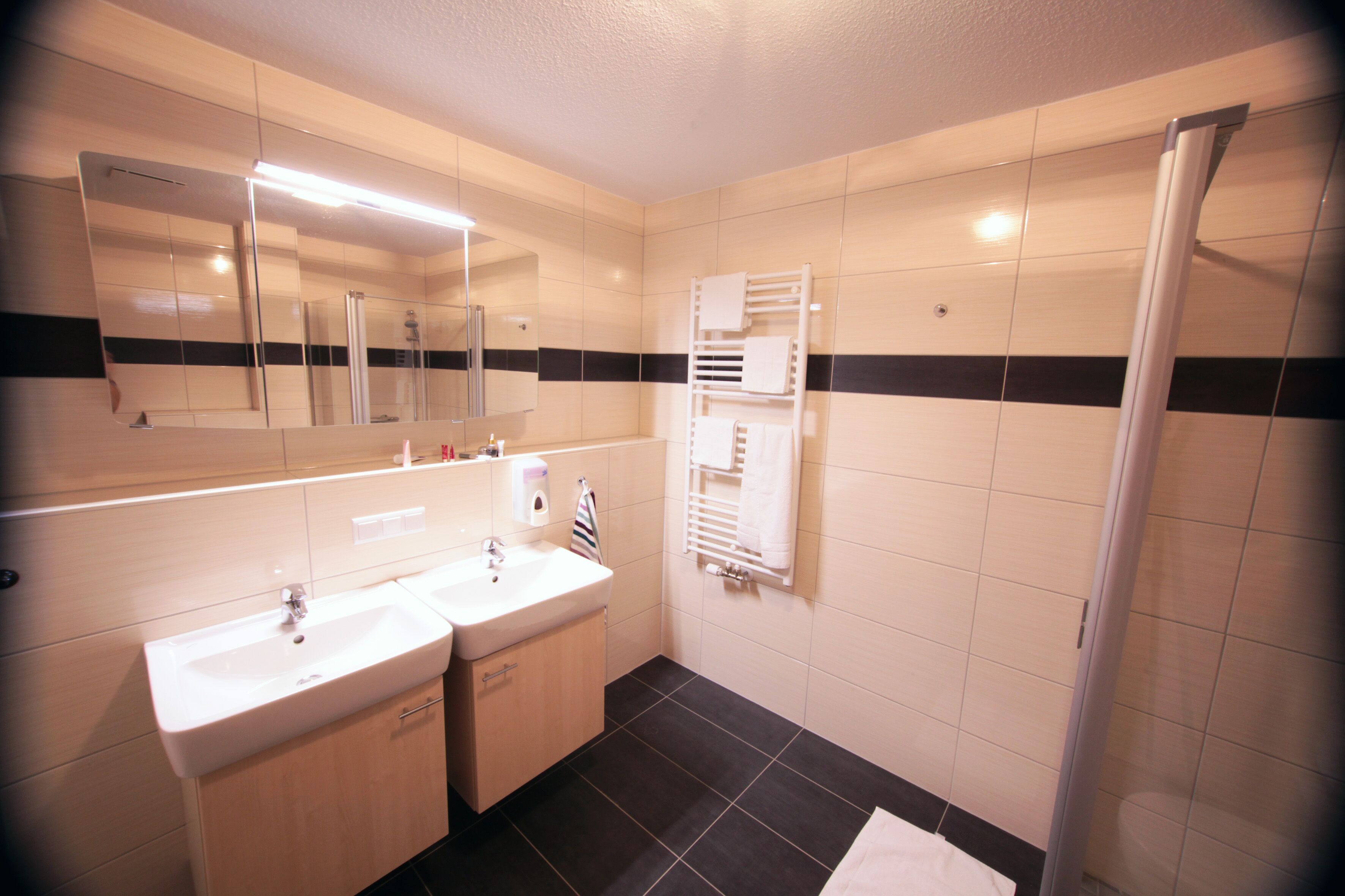 A bathroom with two sinks, a mirror, a towel rack, and a shower.