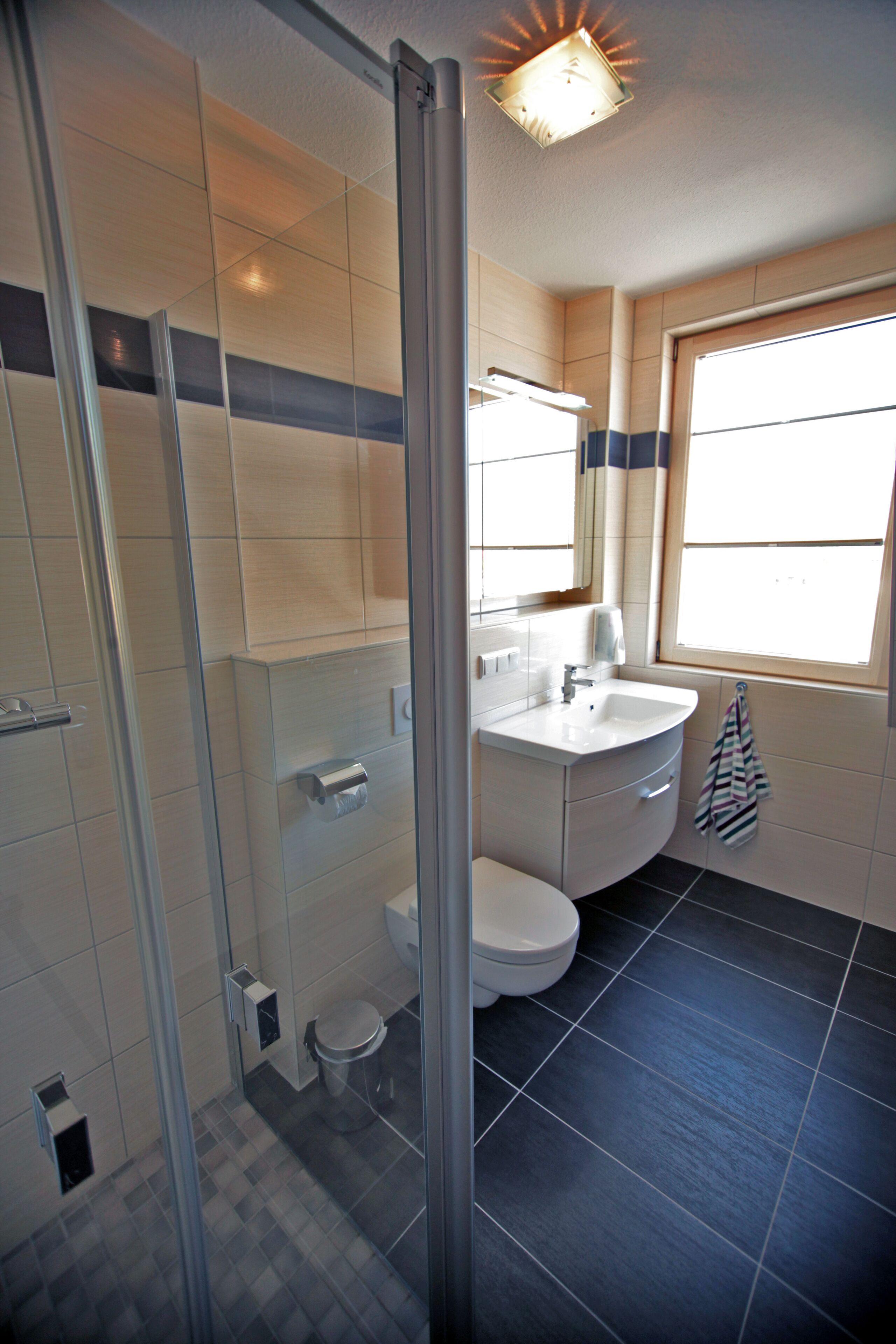 Un baño con cabina de ducha de vidrio, un lavabo blanco y un inodoro.