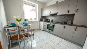 A modern kitchen with grey cabinets, a built-in oven, and a window overlooking a residential area. - Apartamenty Sun & Snow Nad Potokiem (Krynica-Zdroj)