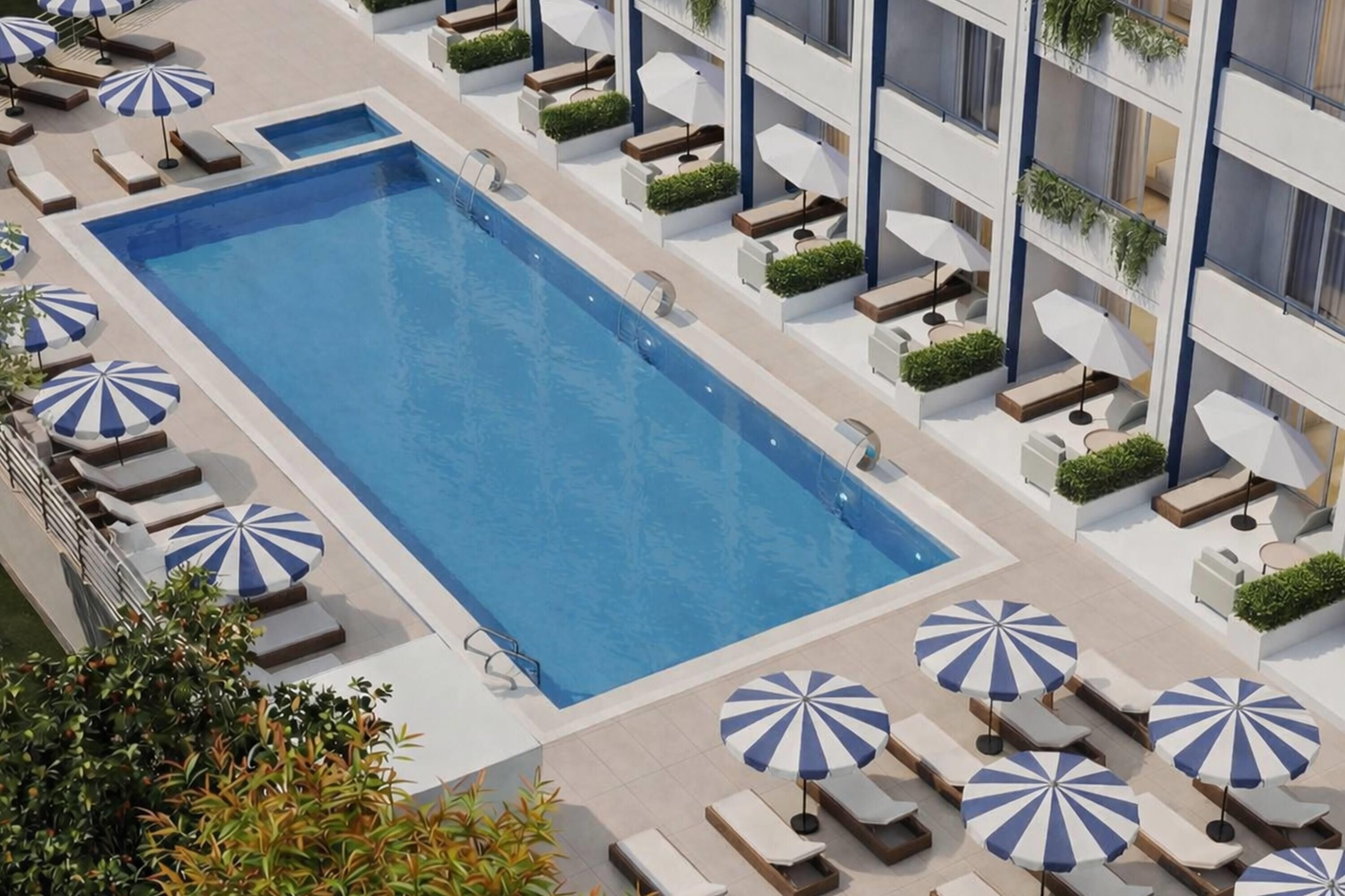 Piscine extérieure, chaises longues