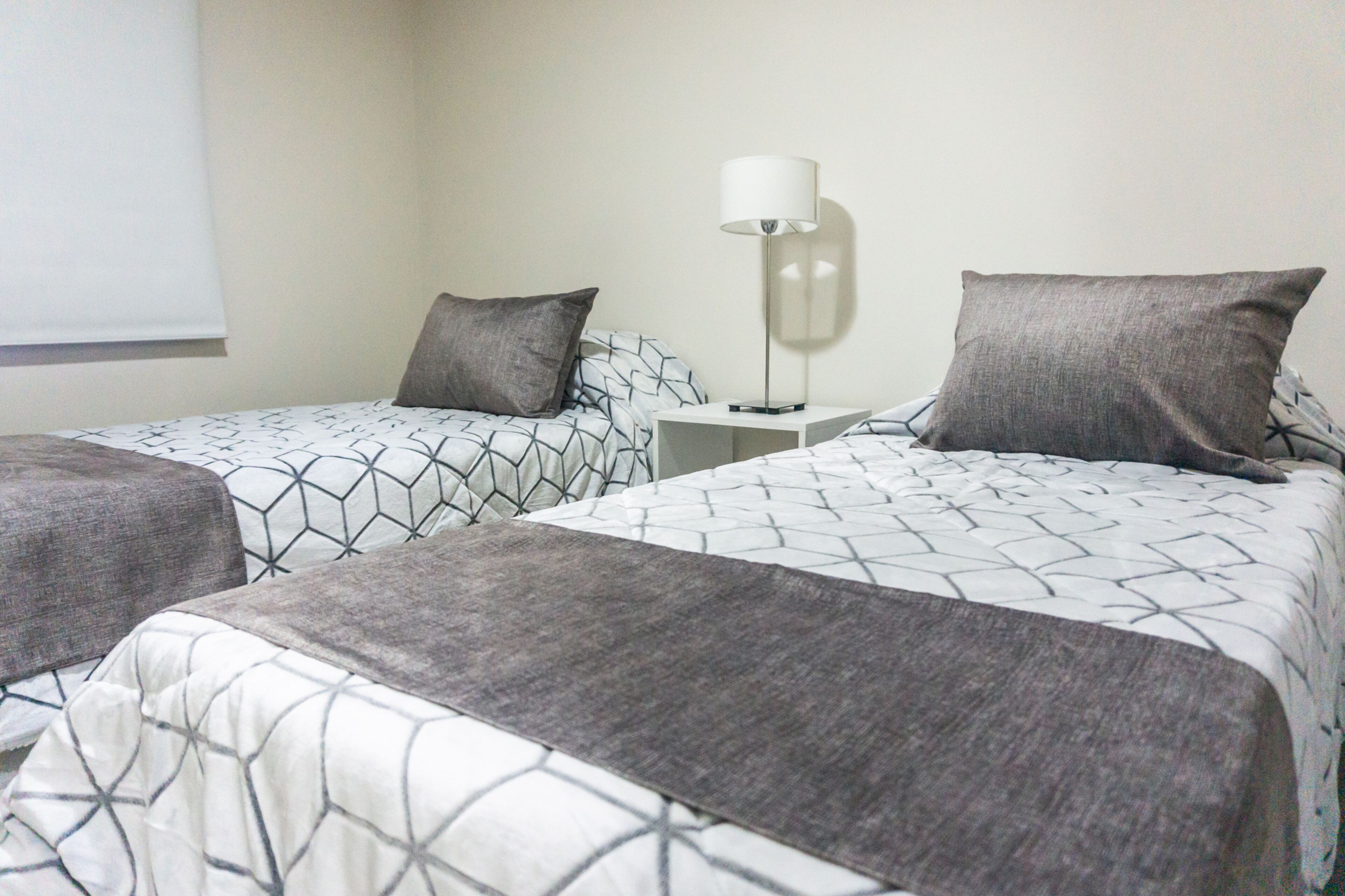 Two twin beds with geometric-patterned bedding, a bedside table with a lamp, and a plain wall.