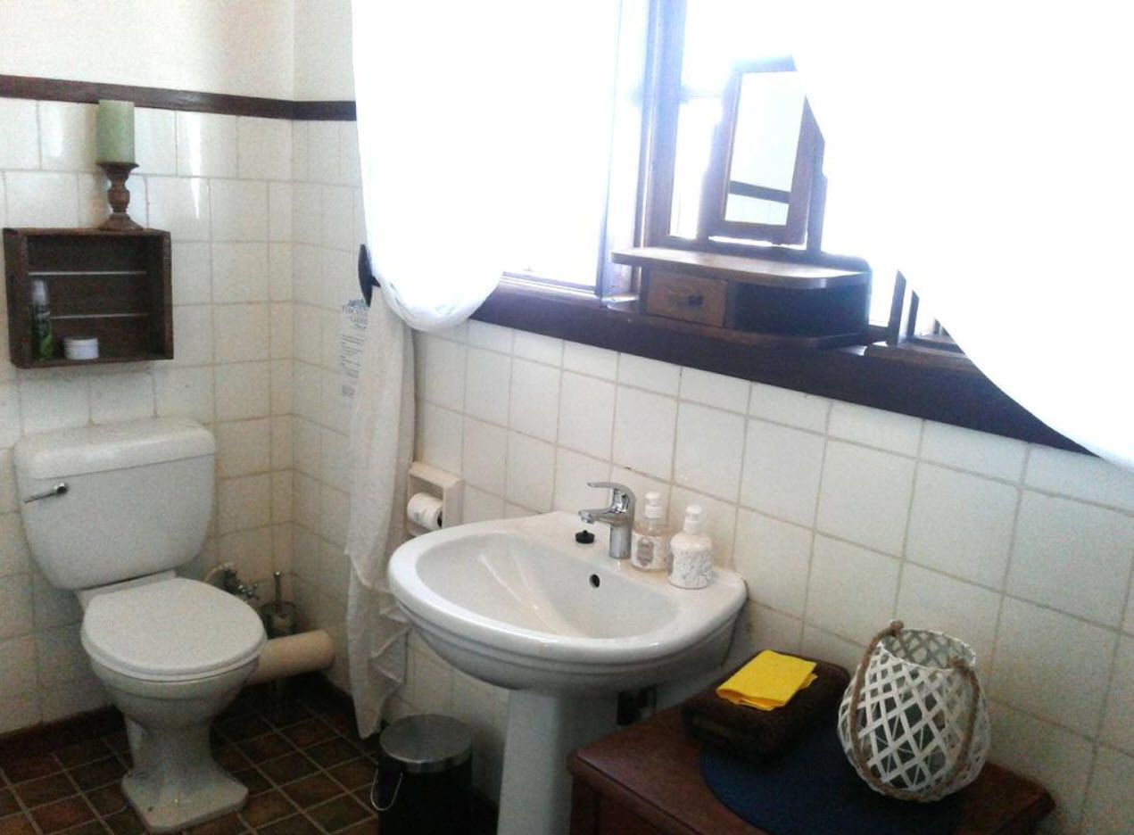 A bathroom with a toilet, sink, and window.
