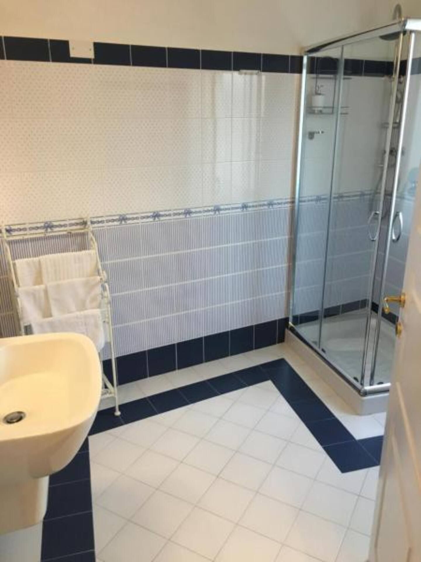 A bathroom with a glass shower enclosure, a sink, and a towel rack.