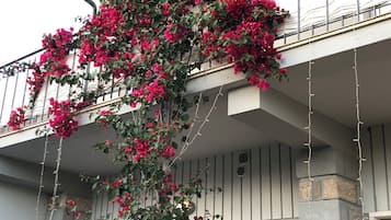 A building with a balcony covered in red flowers, stone walls, and a metal railing.