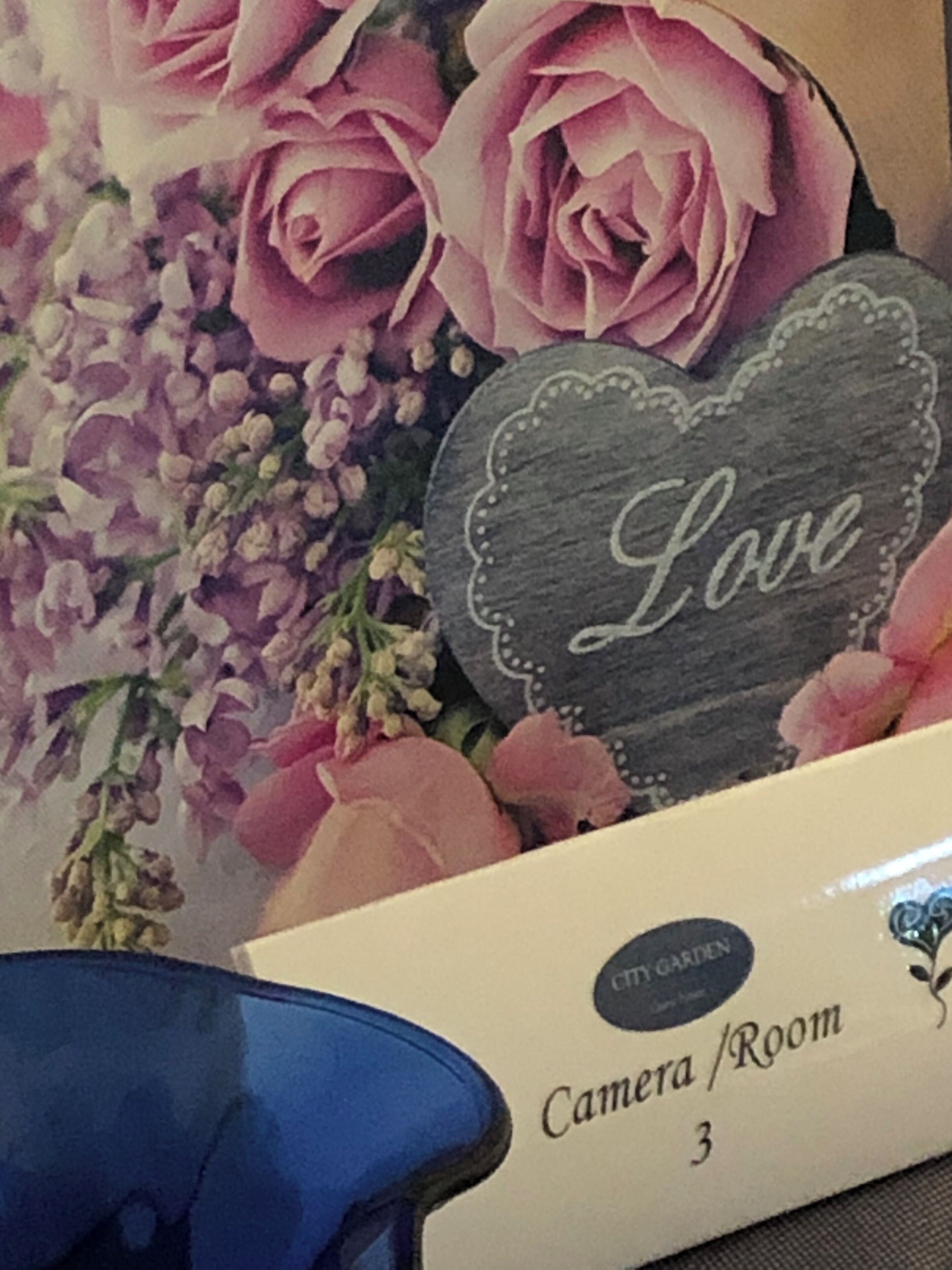 Een kamer met bloemenbehang, een hartvormig bord met de tekst 'Love' en een bordje met 'Camera/Kamer 3'.