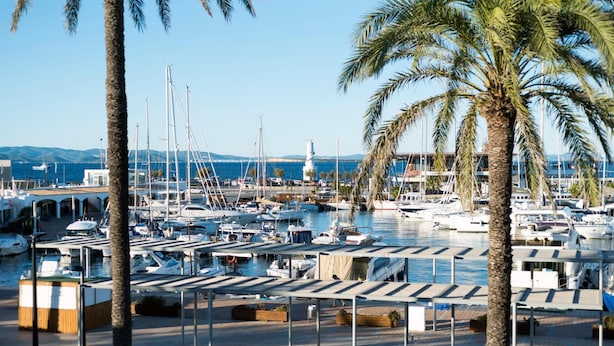 A marina with numerous boats docked, surrounded by palm trees and a clear sky. -  Hostal Bellavista Formentera (Formentera)