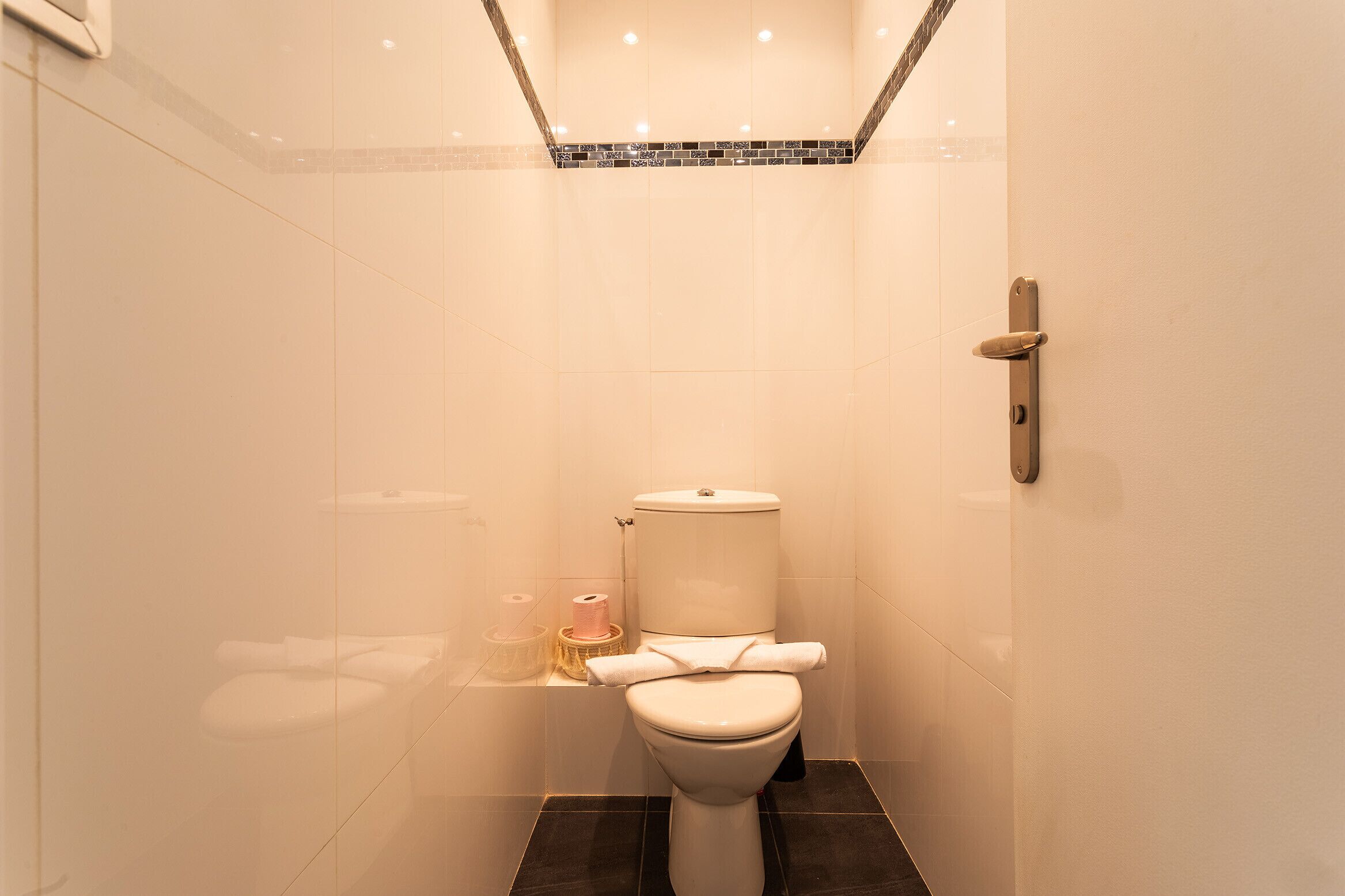 A small, modern bathroom with a toilet, a shelf with toiletries, and a shower area.