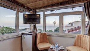A compact room with a TV, two chairs, a small table, and a view of the sea and a tower. - Violin Boutique Hotel (Istanbul)