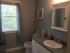 Combined shower/bathtub, hair dryer, towels, soap