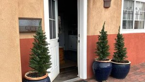 Een gebouw-ingang met een bordje met de tekst 'SUITE' boven de deur, twee pot kerstbomen en een welkomstmat.