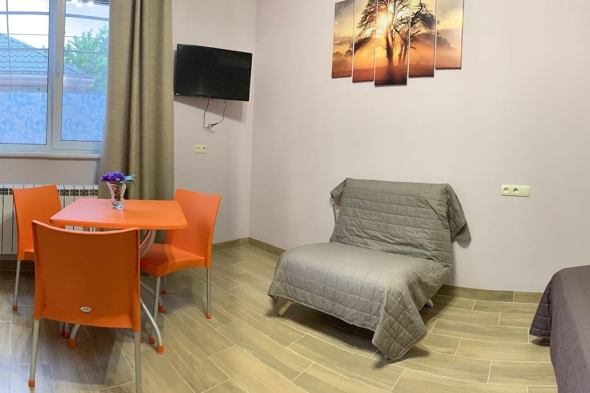 A room with a bed, a table with chairs, a TV, and a window with curtains.