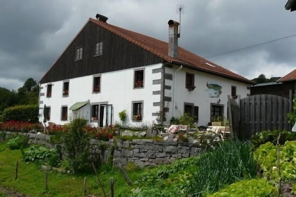 Vue sur la façade du gîte Les Tannes depuis le jardin