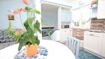 Een koelkast, een magnetron, een kookplaat, een espressoapparaat