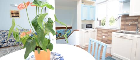 Fridge, microwave, stovetop, espresso maker